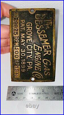 12 1/2 HP BESSEMER Brass Tag Name Plate Oilfield Gas Engine Hit Miss