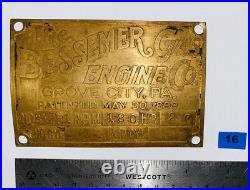 20HP BESSEMER Brass Tag Name Plate Hit Miss Gas Engine
