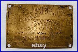 20HP BESSEMER Brass Tag Name Plate Hit Miss Gas Engine