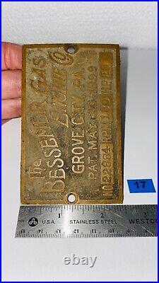 20 HP BESSEMER Brass Tag Name Plate Hit Miss Gas Engine Oilfield