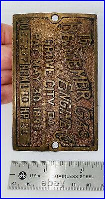 20 HP BESSEMER Brass Tag Name Plate Oilfield Gas Engine Hit Miss