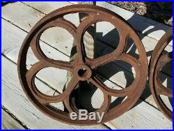 2 Antique Ornate Cast Iron Wheels Industrial Hit Miss Engine Farm Cart Steampunk