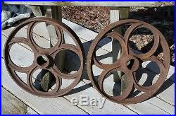 2 Lg 14 1/2 Antique Cast Iron Wheels Industrial Steampunk Hit Miss Engine Cart