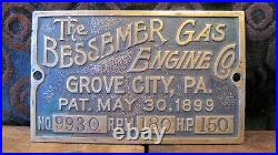 Bessemer Original and Vintage Brass Tag or Plaque from Hit and Miss Engine