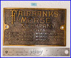 Brass Name Plate Early FAIRBANKS MORSE Old Engine Hit Miss Patent 1892 1897