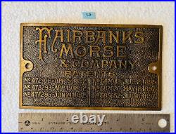 Brass Name Plate Early FAIRBANKS MORSE Old Engine Hit Miss Patent 1892 1897