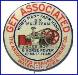 C. 1900 ASSOCIATED CHORE BOY Hit & Miss gas engine WATERLOO 1.5 pinback button ^