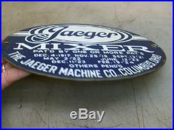 JEAGER PORCELAIN SIGN Old Gas Hit and Miss Engine CEMENT MIXER