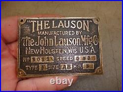 ORIGINAL CAST BRASS NAME TAG for a 3hp JOHN LAUSON TYPE F Hit & Miss Gas Engine
