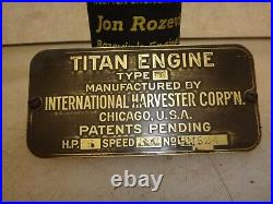 ORIG NAME TAG for 6hp IHC TITAN Serial No. HM524 Hit and Miss Gas Engine