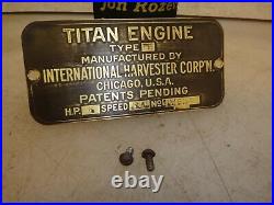 ORIG NAME TAG for 6hp IHC TITAN Serial No. HM524 Hit and Miss Gas Engine
