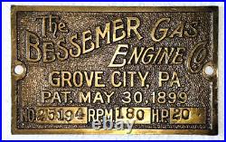 Original Brass Tag Name Plate for 20HP BESSEMER Oilfield Gas Engine Hit Miss