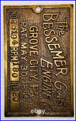 Original Brass Tag Name Plate for 20HP BESSEMER Oilfield Gas Engine Hit Miss