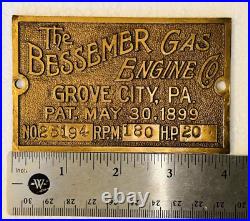 Original Brass Tag Name Plate for 20HP BESSEMER Oilfield Gas Engine Hit Miss