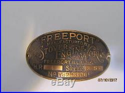 Rare 4hp Stover Freeport Upright YM Model Brass Tag Antique Gas Engine Hit Miss