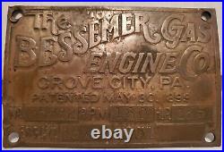 The BESSEMER Gas Engine Co. 165 HP Tag Brass Name Plate Antique Hit Miss Oilfield