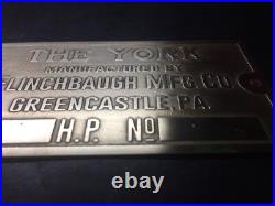 The York Flinchbaugh Brass Data Plate Tag Antique Gas Engine Hit Miss Last One