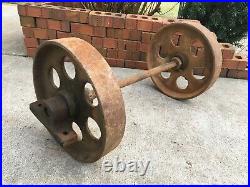 Vintage Cast Iron Industrial Factory Cart Wheel Axle Bracket Set Hit Miss Engine